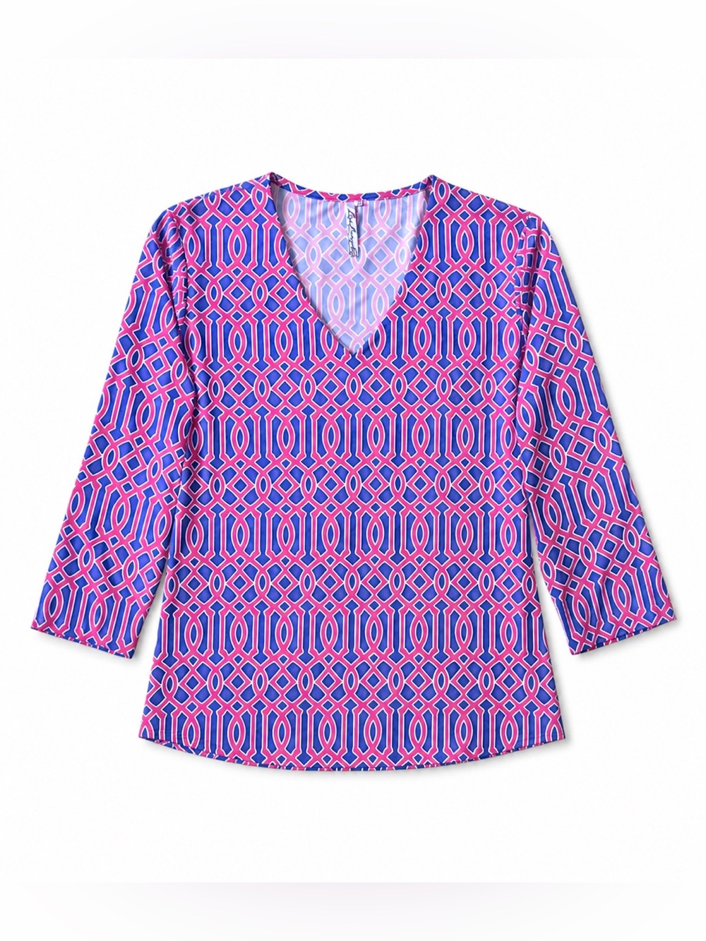Lulu-B Pink & Blue Geometric Print V-Neck 3/4 Sleeve Top Size M Resort Golf